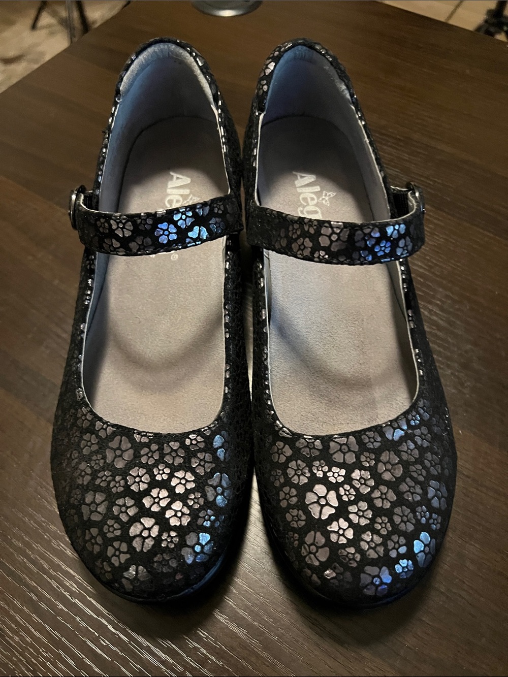 Alegria Flare Black Leather Silver Floral Heel Mary Jane Shoes EUR 37 US 7-7.5